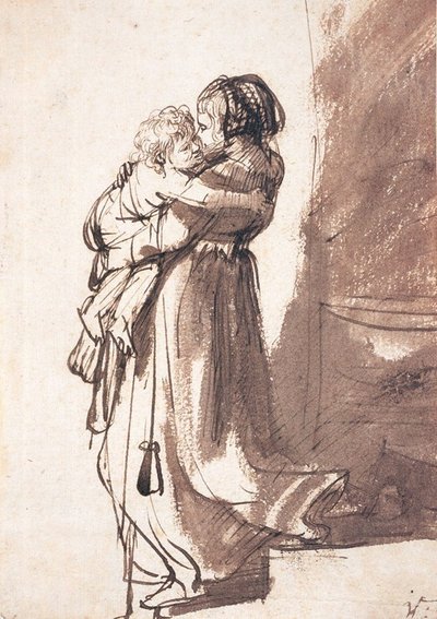 Woman Carrying a Child Downstairs by Rembrandt van Rijn
